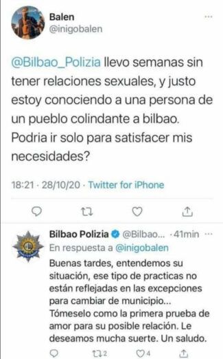 La respuesta de la policía de Bilbao a un chico que quería ir a otro pueblo de al lado a mantener sexo con una chica