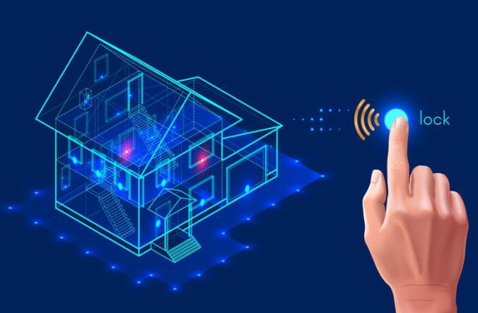 Security system of smart home. 3d house plan x-ray. Control locks the doors and windows over the internet with smartphone application. Home protection wireless system. VECTOR