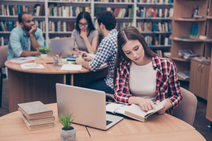 Focused concentrated attractive clever female student is learnin