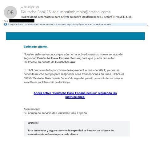 E-mail de phishingque suplanta a Deutsche Bank - Imagen de ESET