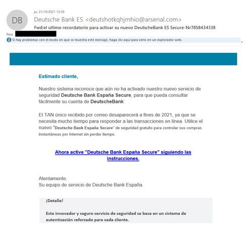 E-mail de phishingque suplanta a Deutsche Bank - Imagen de ESET E-mail de phishingque suplanta a Deutsche Bank - Imagen de ESET
