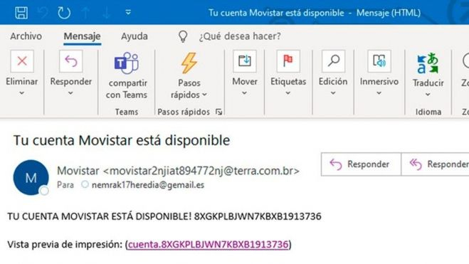 Captura del e mail de la campaña de malware que suplanta a Movistar Captura del e mail de la campaña de malware que suplanta a Movistar