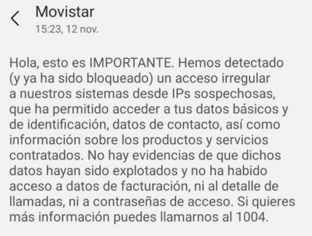 Mensaje enviado a los clientes de Movistar.