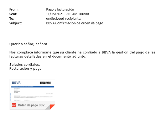 Imagen del correo supuestamente procedente de BBVA. Imagen del correo supuestamente procedente de BBVA.