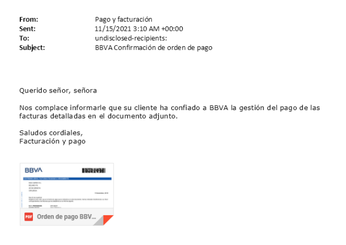 Imagen del correo supuestamente procedente de BBVA.