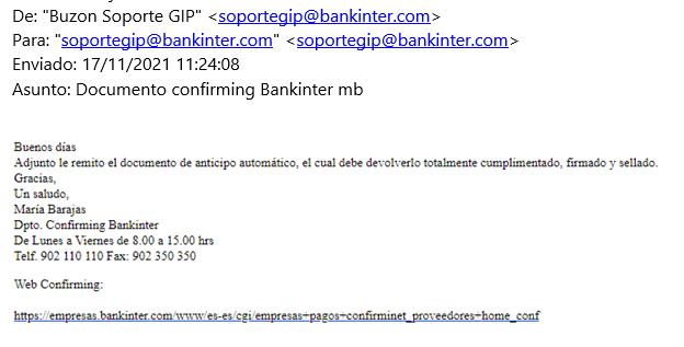 Imagen del correo fraudulento supuestamente procedente de Bankinter.