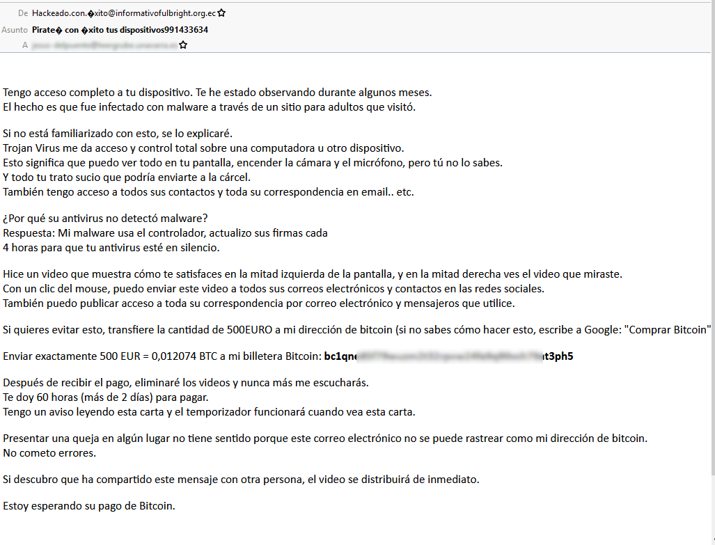 Correo electrónico de esta campaña de "sextorsión" - INCIBE Correo electrónico de esta campaña de "sextorsión" - INCIBE
