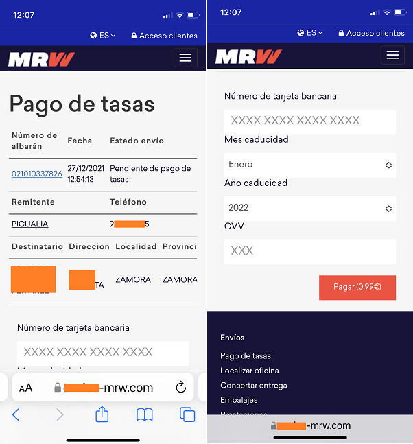 Web fraudulenta de la campaña de smishing que suplanta a MRW (Fuente: Oficina de Seguridad del Internauta) Web fraudulenta de la campaña de smishing que suplanta a MRW (Fuente: Oficina de Seguridad del Internauta)
