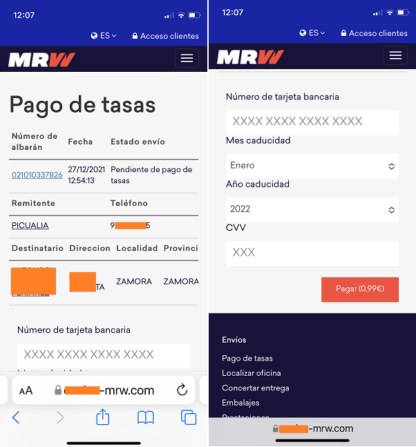 Web fraudulenta de la campaña de smishing que suplanta a MRW (Fuente: Oficina de Seguridad del Internauta)