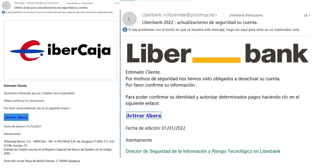 Correos de phishing de Ibercaja y Liberbank (Fuente: ESET) Correos de phishing de Ibercaja y Liberbank (Fuente: ESET)