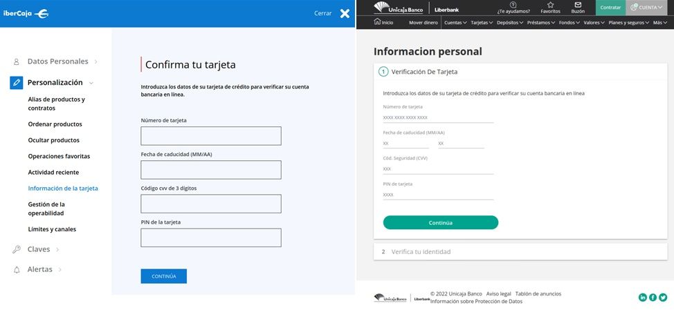 Webs maliciosas que suplantan a Ibercaja y Liberbank (Fuente: ESET) Webs maliciosas que suplantan a Ibercaja y Liberbank (Fuente: ESET)