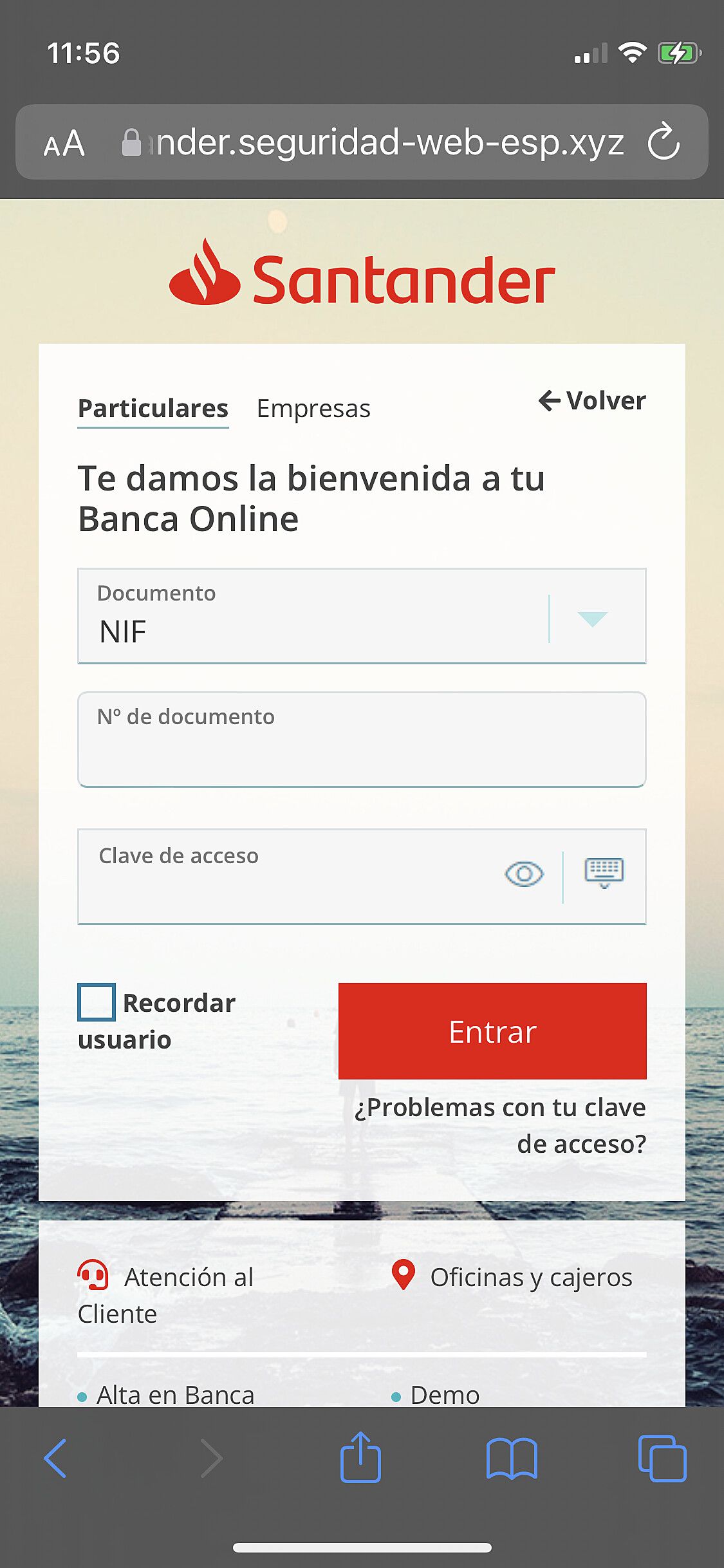 Web maliciosa que suplanta al Banco Santander (Fuente: Genbeta)
