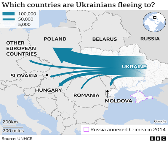 Países a los que se dirigen los refugiados ucranianos.