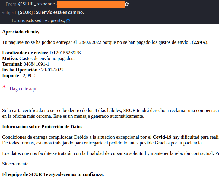 E-mail de phishing que suplanta a Seur (Fuente: OSI)
