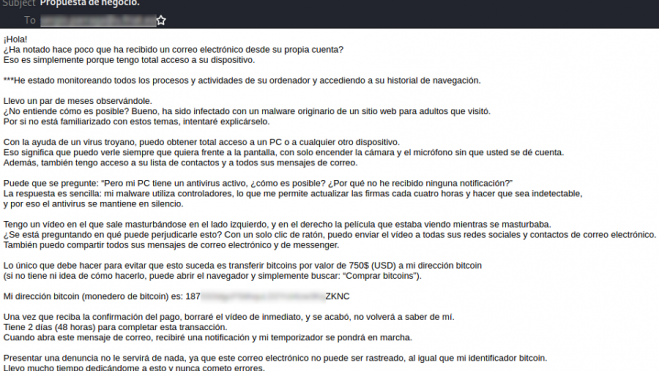 Correo electrónico de sextorsión (Fuente: OSI) Correo electrónico de sextorsión (Fuente: OSI)