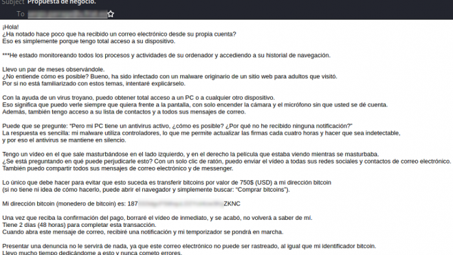 Correo electrónico de sextorsión (Fuente: OSI)