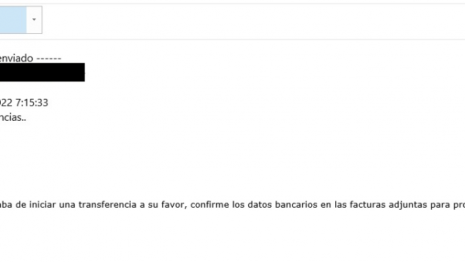 Captura del correo electrónico de esta campaña maliciosa (Fuente: ESET) Captura del correo electrónico de esta campaña maliciosa (Fuente: ESET)