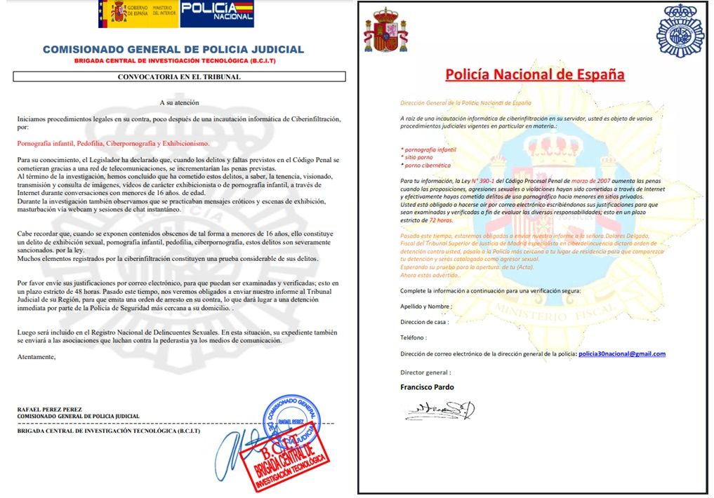 Ejemplos de los correos de phishing que suplantan a la Policía Nacional (Fuente: OSI) Ejemplos de los correos de phishing que suplantan a la Policía Nacional (Fuente: OSI)