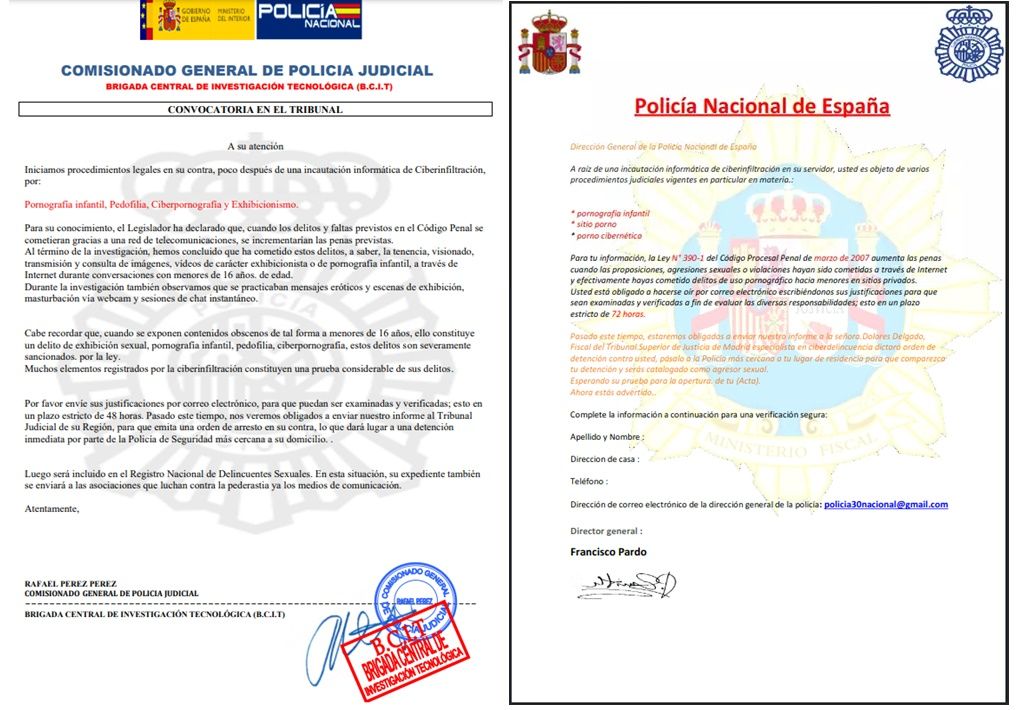 Ejemplos de los correos de phishing que suplantan a la Policía Nacional (Fuente: OSI)