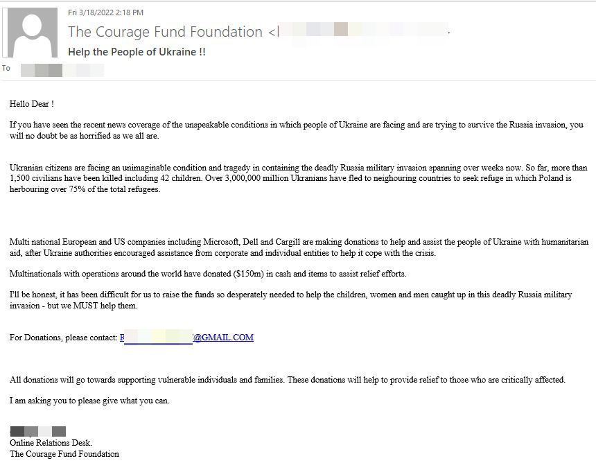 E mail malicioso en el que los ciberdelincuentes se hacen pasar por The Courage Fund