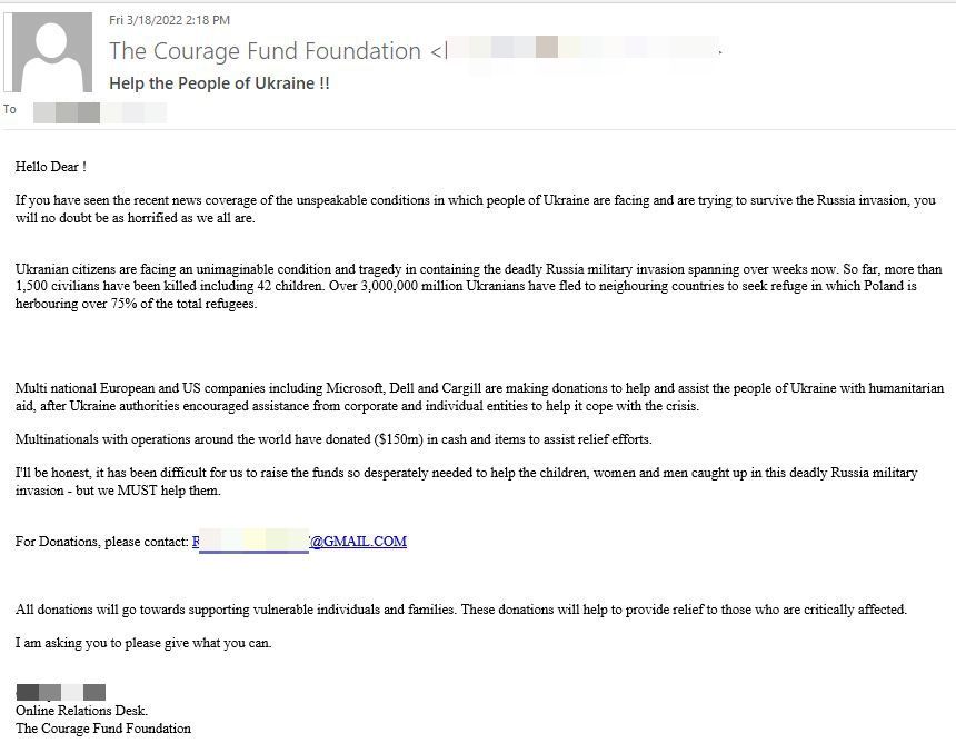 E mail malicioso en el que los ciberdelincuentes se hacen pasar por The Courage Fund E mail malicioso en el que los ciberdelincuentes se hacen pasar por The Courage Fund
