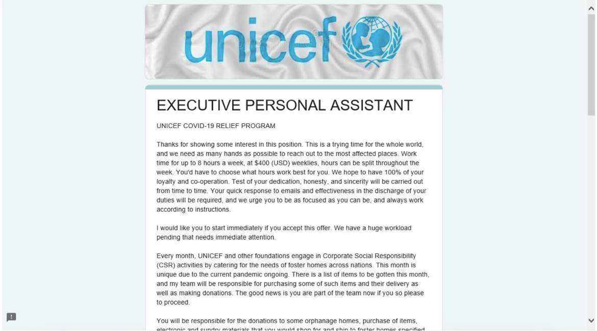 Fraude laboral utilizando el nombre de Unicef