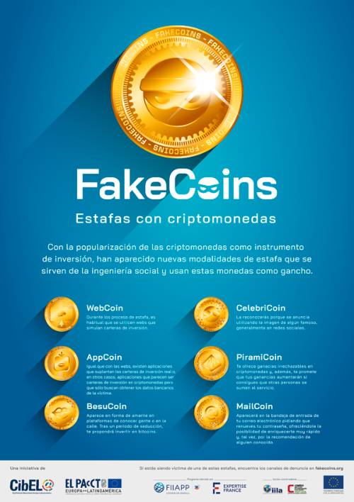 Cartel de la campaña "FakeCoins: estafas con criptomonedas"