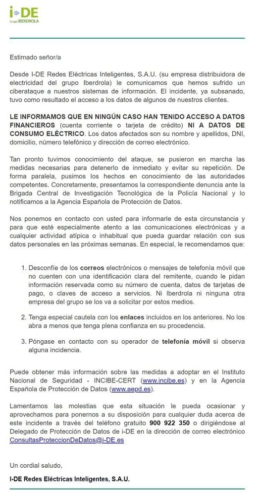 Comunicado de I-DE Redes Eléctricas Inteligentes, la empresa distribuidora de electricidad de Iberdrola (Fuente: Oficina de Seguridad del Internauta)