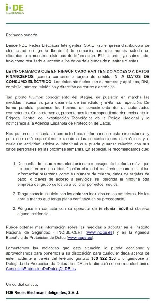 Comunicado de I-DE Redes Eléctricas Inteligentes, la empresa distribuidora de electricidad de Iberdrola (Fuente: Oficina de Seguridad del Internauta) Comunicado de I-DE Redes Eléctricas Inteligentes, la empresa distribuidora de electricidad de Iberdrola (Fuente: Oficina de Seguridad del Internauta)