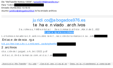 Mensaje recibido con supuestos enlaces a WeTransfer. Mensaje recibido con supuestos enlaces a WeTransfer.