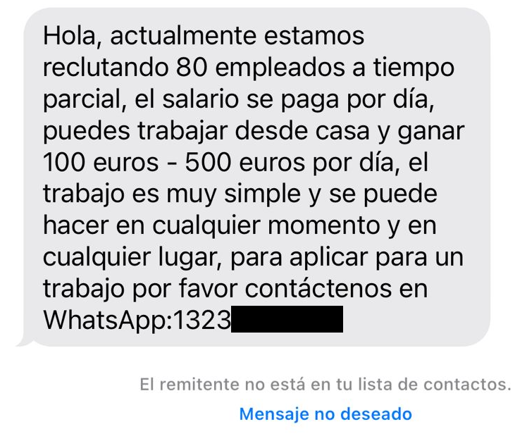 Mensaje para reclutar muleros enviadoa través del servicio iMessage de Apple (Fuente: ESET) Mensaje para reclutar muleros enviadoa través del servicio iMessage de Apple (Fuente: ESET)