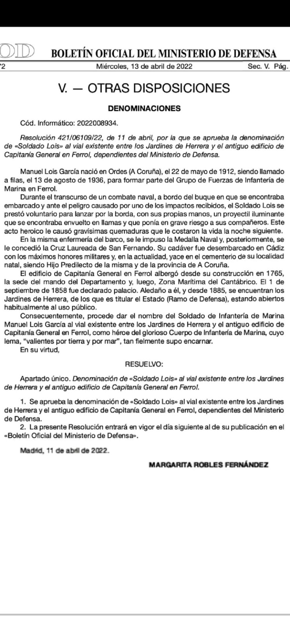 BOE del 13 de abril del 2022 con la resolución sobre la calle del soldado Lois