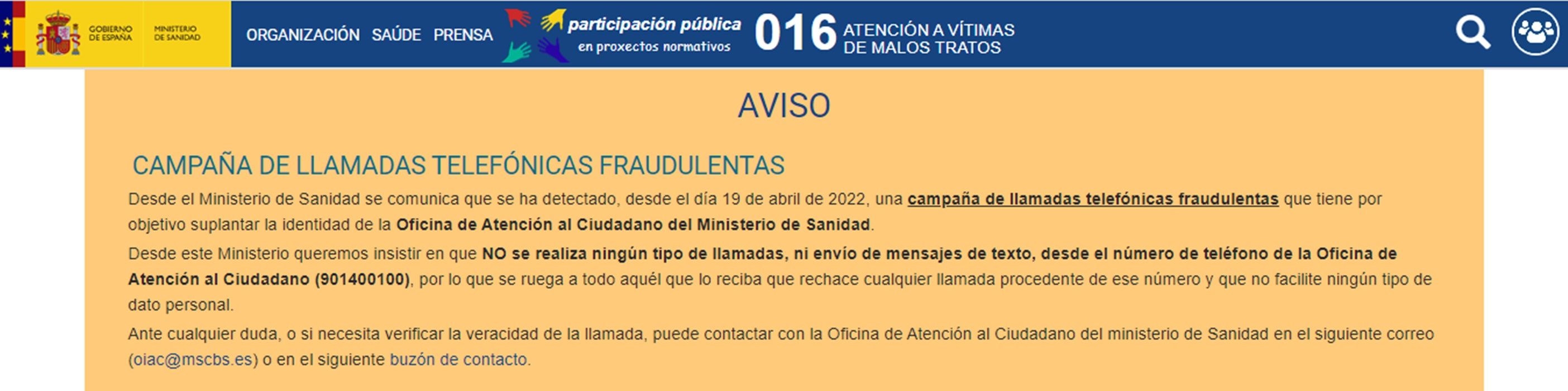 Aviso del Ministerio de Sanidad sobre una campaña de llamadas telefónicas fraudulentas que suplanta la identidad de la Oficina de Atención al Ciudadano de su Ministerio