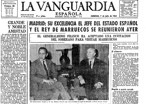 La Vanguardia, 7 de julio de 1963. Hassan II sugirió que España cediese el Sahara a cambio de “olvidarse” de Ceuta y Melilla. El dictador dio la callada por respuesta. Y Marruecos se lanzó a la conquista de Tinduf (guerra de las arenas).
