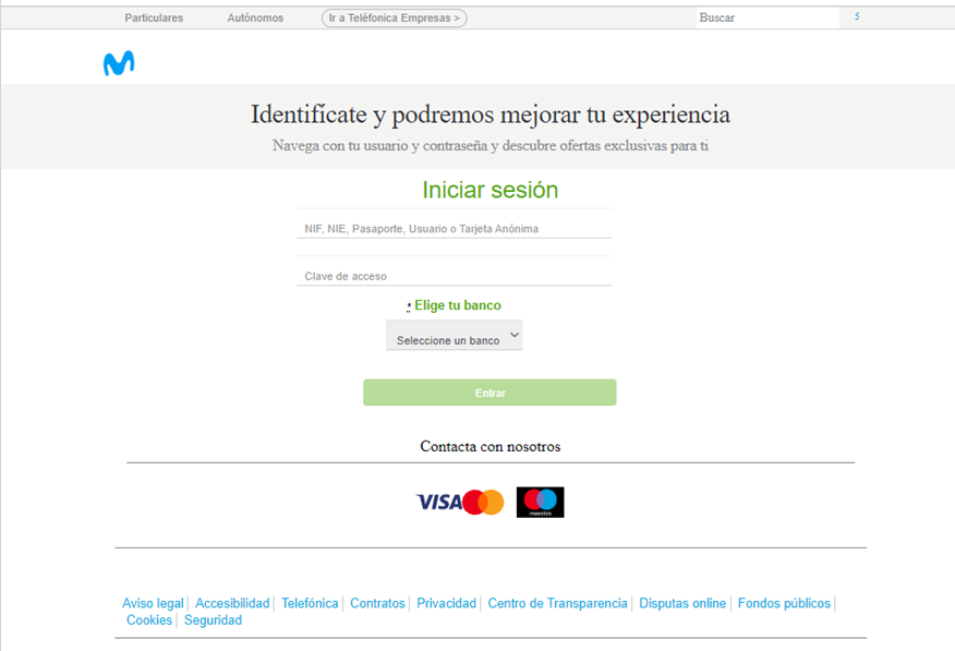 Página web fraudulenta que suplanta la legítima de Movistar (Fuente: OSI)