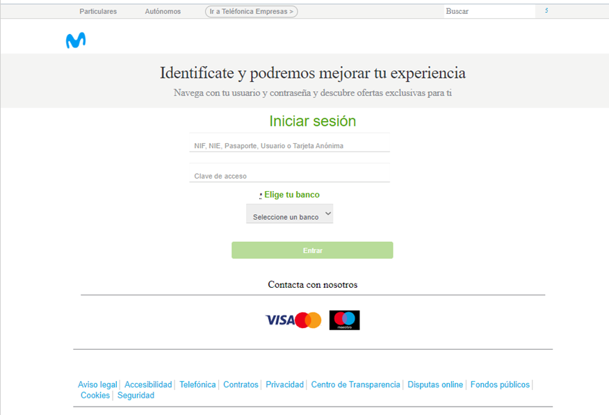 Página web fraudulenta que suplanta la legítima de Movistar (Fuente: OSI) Página web fraudulenta que suplanta la legítima de Movistar (Fuente: OSI)