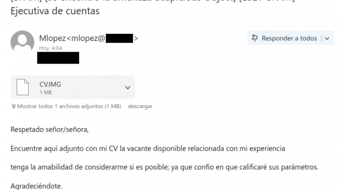 E mail malicioso que adjunta un falso CV E mail malicioso que adjunta un falso CV