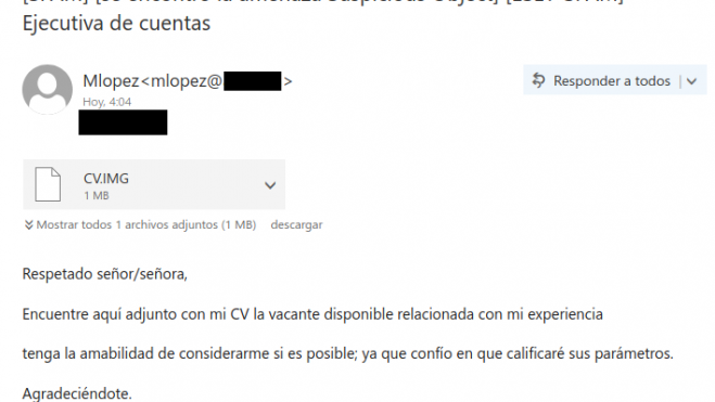 E mail malicioso que adjunta un falso CV