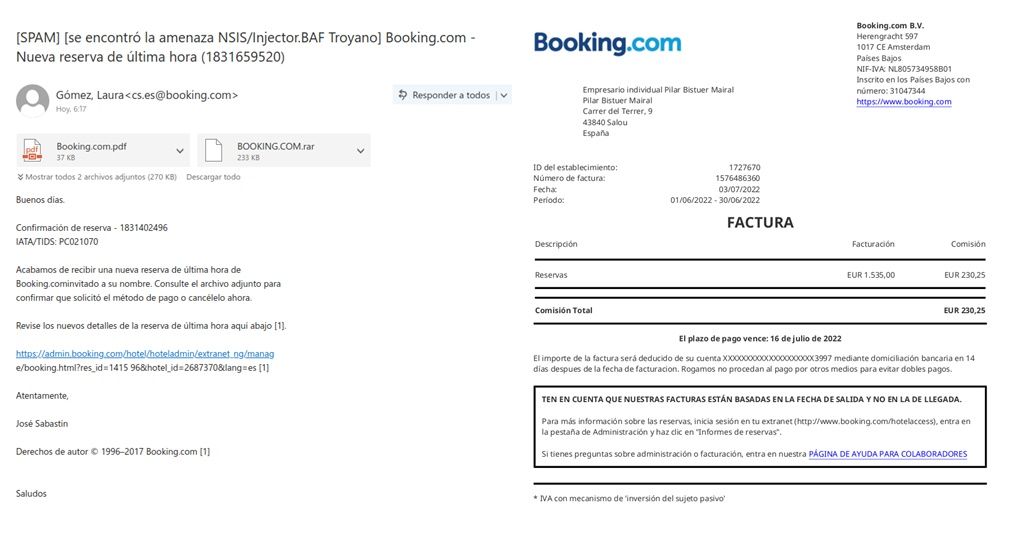 Campaña de phishing que suplanta a Booking (Fuente: ESET)