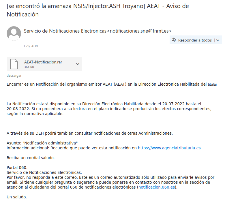 E-mail de la nueva campaña que suplanta a la Agencia Tributaria E-mail de la nueva campaña que suplanta a la Agencia Tributaria