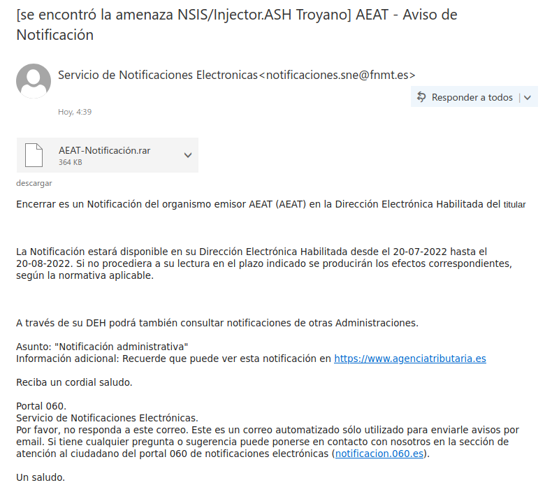 E-mail de la nueva campaña que suplanta a la Agencia Tributaria