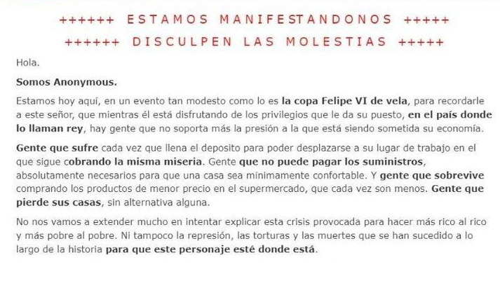 El texto de Anonymous en el hackeo de la Copa del Rey de Vela El texto de Anonymous en el hackeo de la Copa del Rey de Vela