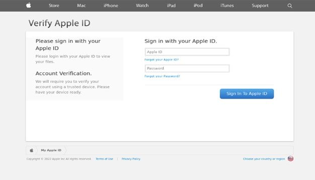 Página de phishing destinada a robar las credenciales de Apple ID (Fuente: Kaspersky) Página de phishing destinada a robar las credenciales de Apple ID (Fuente: Kaspersky)