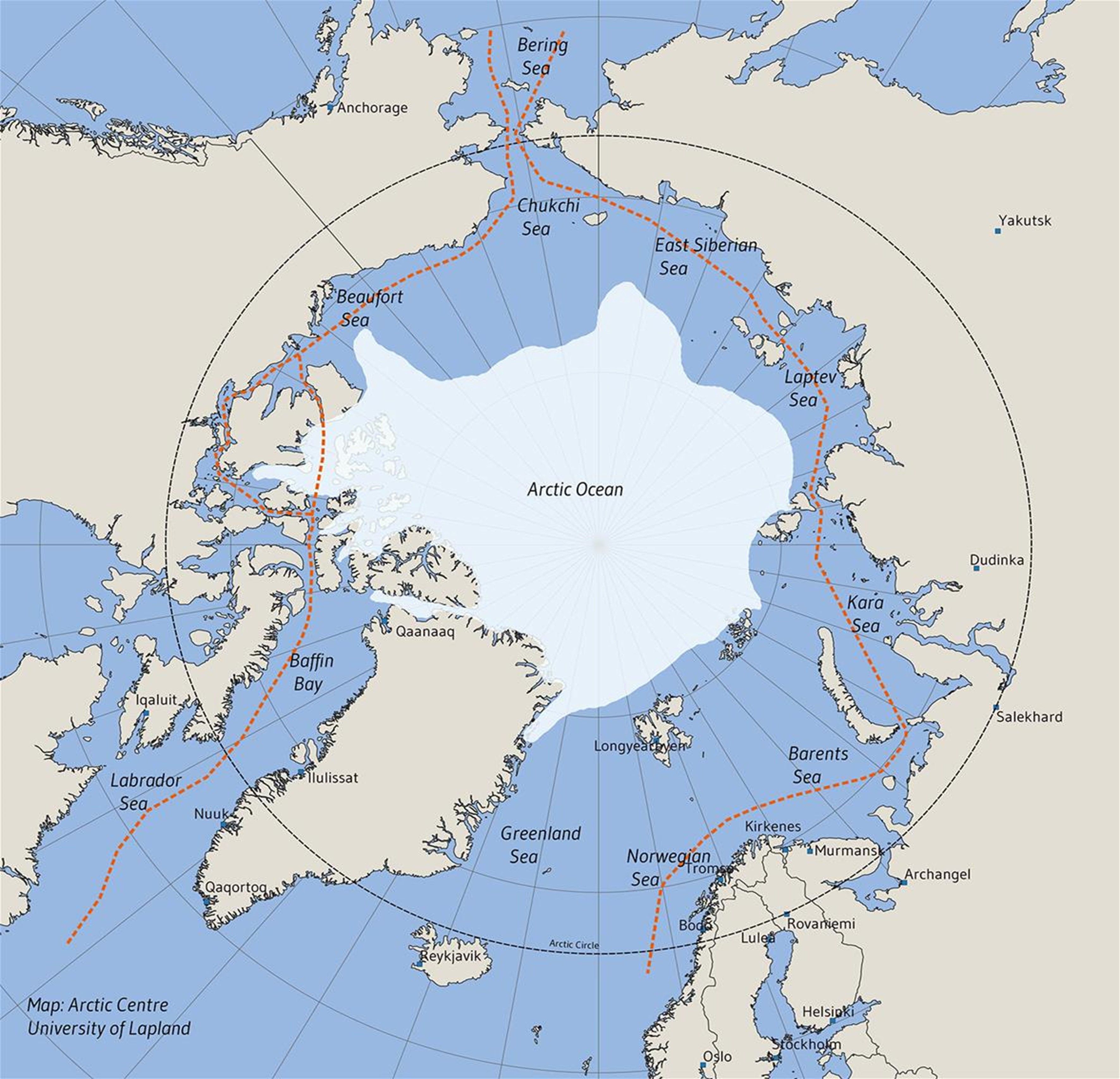 Mapa de las dos rutas que se utilizan actualmente. La ruta del Norte y la ruta del Noroeste. Fuente University of Lapland