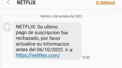 SMS de 'smishing' que suplanta a Netflix (Fuente: Maldita.es)