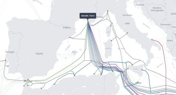 Detalle de la infraestructura de los cables submarinos en el Mediterráneo Occidental. Fuente: https://www.submarinecablemap.com/ 