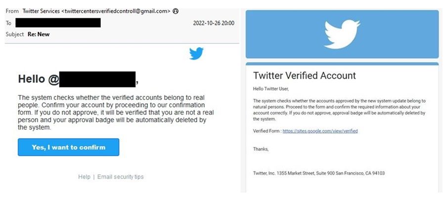 Correos de phishing relacionado con Twitter Blue y la verificación de cuentas de la red social (Fuente: Proofpoint)