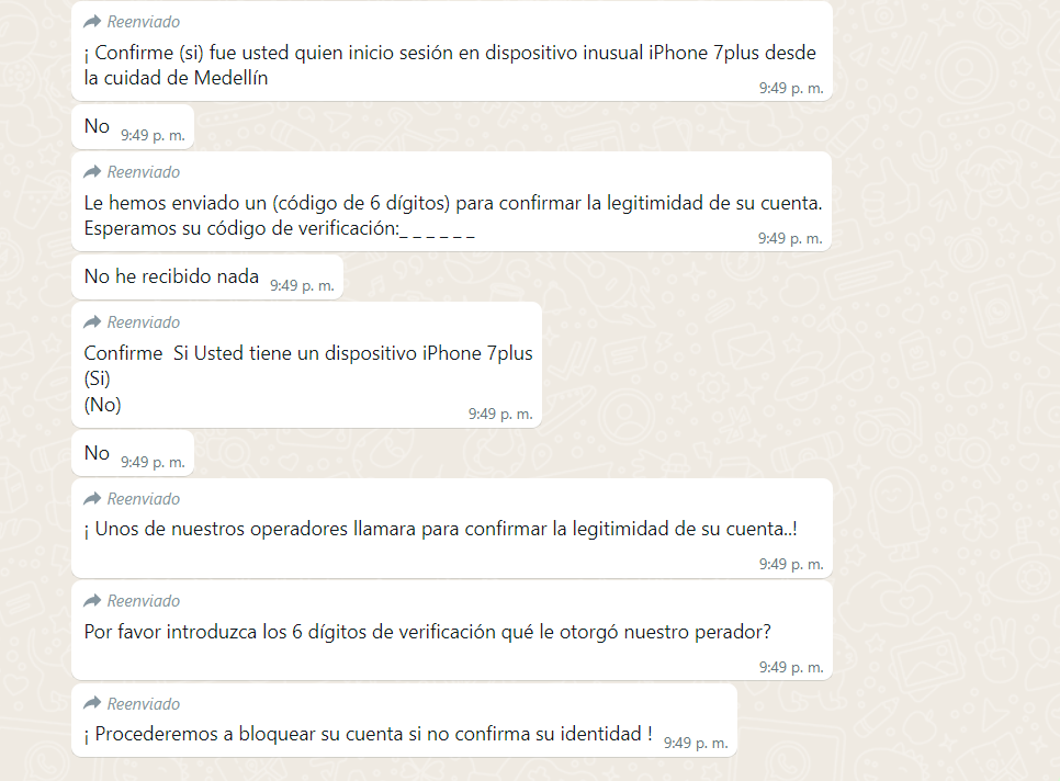 Mensajes enviados desde una cuenta desconocida que se hacía pasar por soporte de WhatsApp (Fuente: ESET) Mensajes enviados desde una cuenta desconocida que se hacía pasar por soporte de WhatsApp (Fuente: ESET)