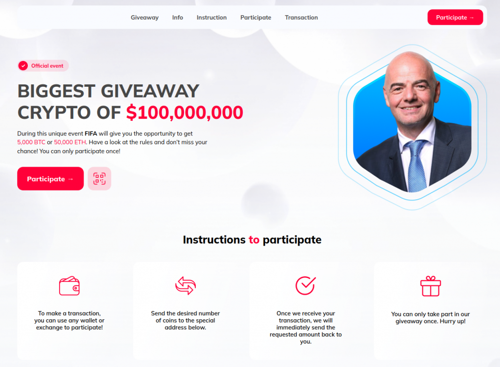 Página web que usa la imagen de Gianni Infantino para llevar a cabo una estafa de criptomonedas (Fuente: ESET) Página web que usa la imagen de Gianni Infantino para llevar a cabo una estafa de criptomonedas (Fuente: ESET)