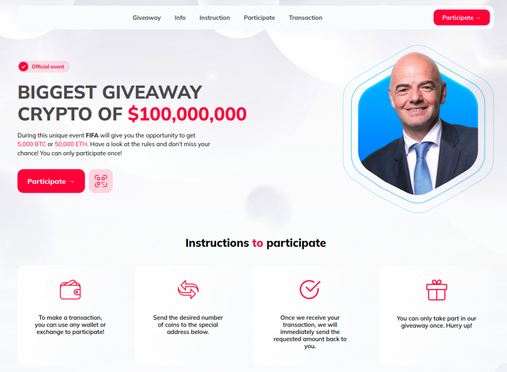 Página web que usa la imagen de Gianni Infantino para llevar a cabo una estafa de criptomonedas (Fuente: ESET)